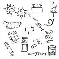 disegno vettoriale nello stile di doodle. insieme di elementi sul tema della medicina corona virus. pillole, contagocce, termometro e altri articoli medici