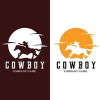 cowboy uomo a cavallo potentemente silhouette al tramonto, icona logo design vettore