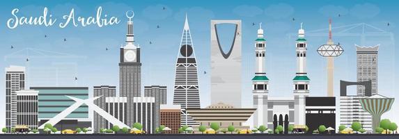 skyline dell'arabia saudita con punti di riferimento e cielo blu. vettore