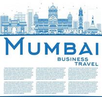 delineare lo skyline di mumbai con punti di riferimento blu. vettore