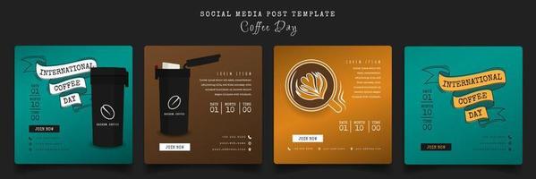 modello di post sui social media con scritte sul caffè e design del caffè per la progettazione della campagna del giorno del caffè vettore