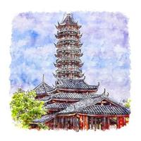 illustrazione disegnata a mano di schizzo dell'acquerello di pagoda shanghai cina vettore