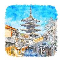 illustrazione disegnata a mano di schizzo dell'acquerello del tempio di hokan ji kyoto giappone vettore
