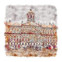 illustrazione disegnata a mano di schizzo dell'acquerello di Amsterdam Paesi Bassi di architettura vettore