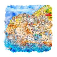 manarola cinque terre italia schizzo ad acquerello illustrazione disegnata a mano vettore