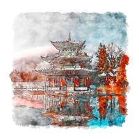 illustrazione disegnata a mano di schizzo dell'acquerello della città vecchia di lijiang cina vettore