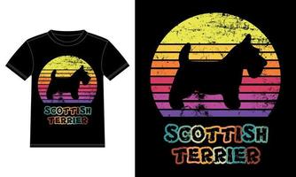 divertente scottish terrier retrò vintage tramonto t-shirt modello design, scottish terrier board, vetrofania auto, baccello, copertina, sfondo bianco isolato, regalo silhouette per amante scottish terrier vettore