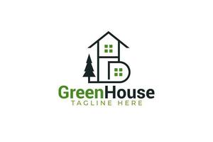 logo della casa verde con una combinazione di una casa, un pino e una lettera hd come icona. vettore