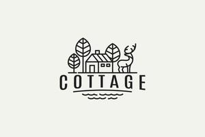 logo del cottage con una combinazione di un cottage, alberi e un cervo in stile contorno. vettore