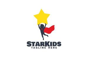 un semplice logo con un super bambino che salta mentre cerca una stella. vettore