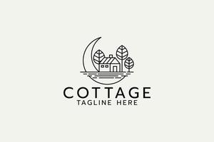 logo cottage con una combinazione di cottage, luna e alberi in stile contorno. vettore