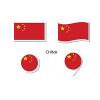 set di icone con logo bandiera cinese, icone piatte rettangolari, forma circolare, pennarello con bandiere. vettore