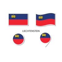 set di icone del logo della bandiera del Liechtenstein, icone piatte rettangolari, forma circolare, pennarello con bandiere. vettore