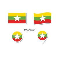 set di icone del logo della bandiera del Myanmar, icone piatte rettangolari, forma circolare, pennarello con bandiere. vettore