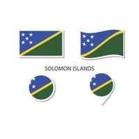 set di icone logo bandiera isole salomone, icone piatte rettangolari, forma circolare, pennarello con bandiere. vettore