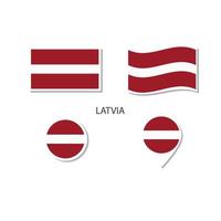 set di icone logo bandiera lettonia, icone piatte rettangolari, forma circolare, pennarello con bandiere. vettore