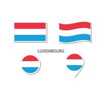 set di icone con logo bandiera lussemburgo, icone piatte rettangolari, forma circolare, pennarello con bandiere. vettore