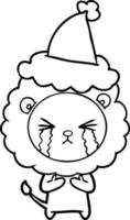 disegno a tratteggio di un leone piangente che indossa il cappello di Babbo Natale vettore