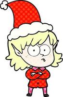 illustrazione in stile fumetto di una ragazza elfo che fissa indossando il cappello di Babbo Natale vettore