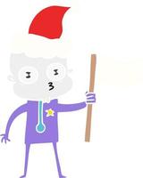 illustrazione a colori piatta di uno strano astronauta calvo con bandiera che indossa un cappello da Babbo Natale vettore
