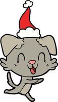 disegno della linea ridente di un cane che indossa il cappello di Babbo Natale vettore