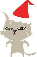 illustrazione a colori piatti e dura di un gatto che indossa il cappello di Babbo Natale vettore