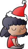 cartone animato sfumato di una donna indifferente che indossa il cappello di Babbo Natale vettore