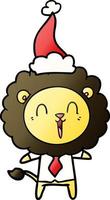 cartone animato sfumato leone che ride di un cappello da Babbo Natale da portare vettore