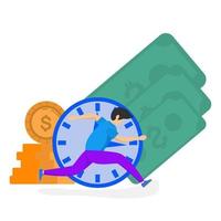 il tempo è concetto di denaro, illustrazione dell'uomo in esecuzione su sfondo orologio, denaro e monete. vettore