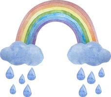 arcobaleno colorato luminoso dell'acquerello con nuvole e pioggia blu dro vettore