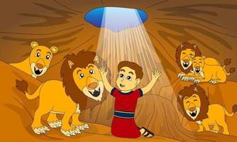 illustrazione di una storia biblica, daniel nella fossa dei leoni, buono per bibbie per bambini, stampa, poster, siti Web e altro ancora vettore