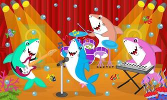 illustrazione di una simpatica banda di squali, che suona strumenti musicali, chitarra, batteria, tastiera e canto, adatta per libri di fiabe per bambini, poster, siti Web, applicazioni mobili, giochi e altro vettore