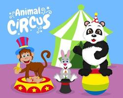 animali da circo, scimmie, simpatici panda e coniglietti, vettoriali, modificabili, eps 10, illustrazioni di storie per bambini, libri da colorare, poster, stampa, siti Web e altro ancora vettore