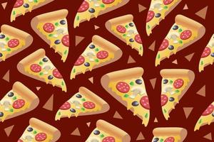 senza cuciture con fette di pizza su sfondo rosso. tranci di pizza con salame, olive, funghi e mozzarella. vettore