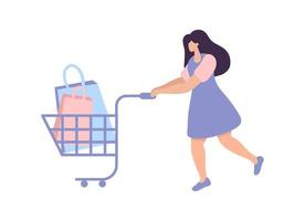 giovane donna che cammina con borse colorate shopping nel carrello. concetto di shopping di marketing creativo del cliente che guadagna una ricompensa o un premio dall'acquisto di prodotti. illustrazione vettoriale piatto carino alla moda venerdì nero