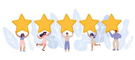 le persone vettore clienti felici e soddisfatti tengono le stelle delle recensioni sopra le loro teste. valutazione a cinque stelle. valutazione delle recensioni dei clienti e concetto di feedback dei clienti. illustrazione moderna