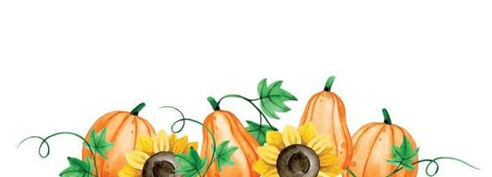 disegno ad acquerello. composizione autunnale, bouquet, cornice con zucche e girasoli. ringraziamento, raccolto, halloween. vettore