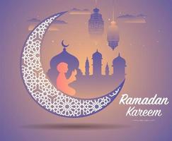 Ramadan Kareem saluto con grande luna crescente ornato vettore