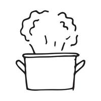 disegno vettoriale nello stile di doodle. una padella bollente. padella di metallo per cucinare cibi con vapore sopra, utensili da cucina