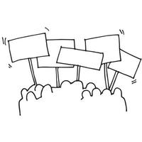 illustrazione vettoriale in stile doodle. immagine di una manifestazione, protesta, rivolta, rivoluzione. semplice disegno a tratteggio. folla di persone con manifesti. per illustrare la lotta per i diritti di neri, donne, lgbt