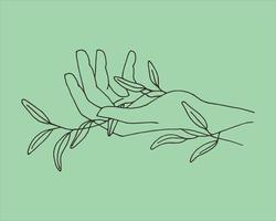mani femminili graziose stilizzate e una pianta di eucalipto. sfondo estetico moderno boho con gesti delle mani femminili. moderna stampa d'arte minimalista, simbolo per la cura del corpo, cosmetici ecologici. vettore