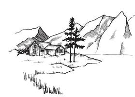 disegno vettoriale, paesaggio in bianco e nero, grafica, incisione. casa rurale, riva del lago e montagne. prati alpini. illustrazione in stile vintage vettore