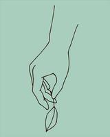 mani femminili graziose stilizzate e una foglia di una pianta. sfondo estetico moderno boho con gesti delle mani femminili. stampa d'arte moderna e minimalista, simbolo per la cura del corpo, cosmetici ecologici, colori pastello vettore