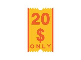 20 dollari solo segno coupon o etichetta o buono sconto etichetta risparmio denaro, con illustrazione vettoriale coupon offerta estiva termina le vacanze del fine settimana