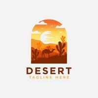 modello di progettazione logo deserto con tramonto e una silhouette di un cammello. illustrazione vettoriale