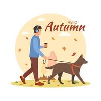 un giovane porta a spasso il cane. ciao autunno.caffè in mano. illustrazione vettoriale. vettore