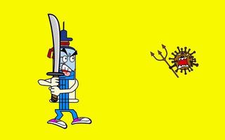 personaggio della siringa dei cartoni animati che combatte con il coronavirus covid 19, concetto di vaccino. combattere in stile cinese. vettore