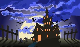 halloween raccapricciante castello oscuro, la luna brilla luminosa, gregge di pipistrelli volanti, vecchia staccionata di legno, croci e cimiteri. vettore