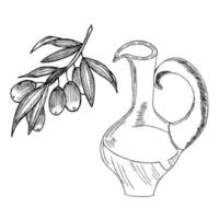 olive, ramoscello d'ulivo, olio d'oliva. schizzi vettoriali su sfondo bianco, disegnati a mano.