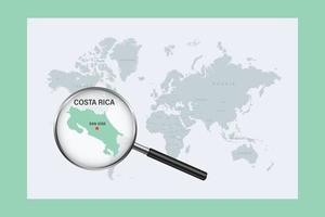 mappa della costa rica sulla mappa del mondo politico con lente d'ingrandimento vettore